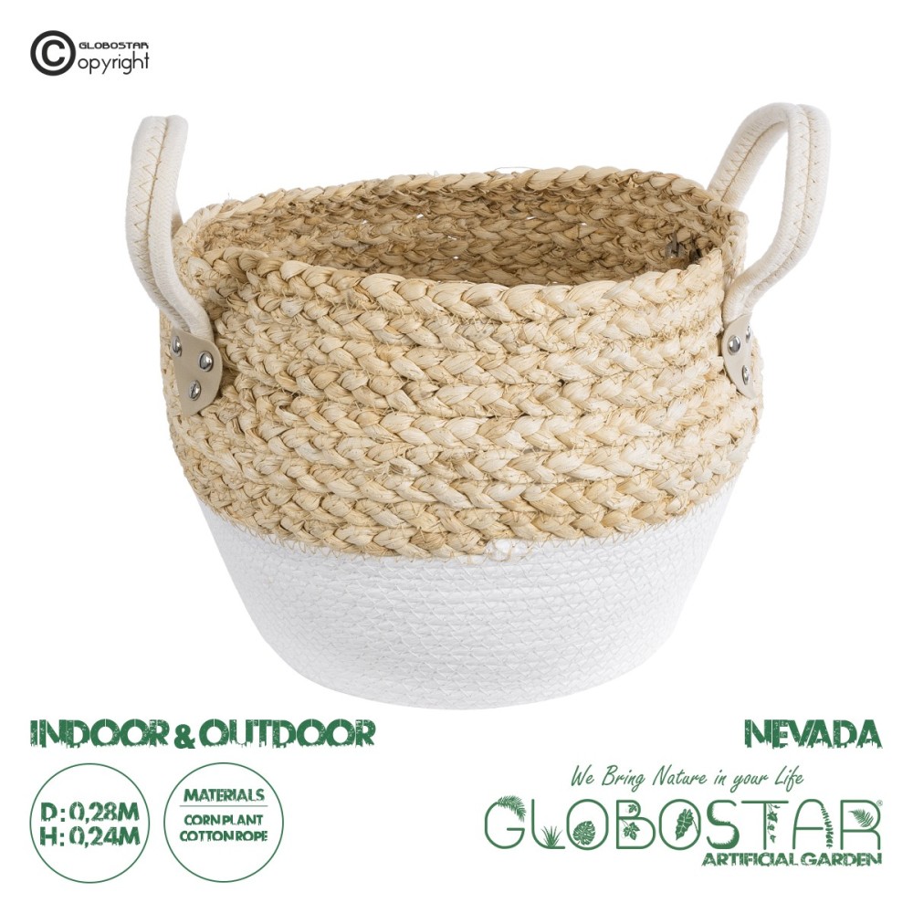 GloboStar® Artificial Garden SANTORINI 20576 Διακοσμητικό Πλεκτό Κασπώ Γλάστρα - Flower Pot Μπεζ με Λευκό Φ28 x Υ24cm